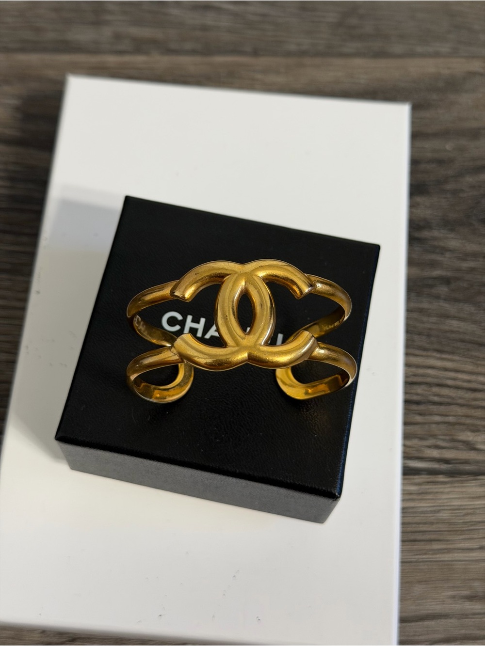 CHANEL Vintage Gold CC Logo Cuff Bracelet
